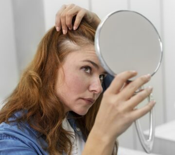 Mulher recebendo tratamento para queda de cabelo em uma clinica 360x320